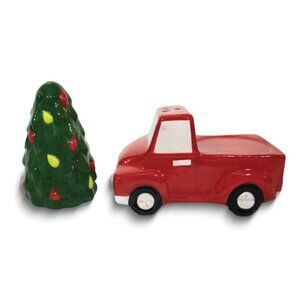 Green Christmas Tree & Classic Red Truck Ceramic Salt and Pepper Shaker gift set